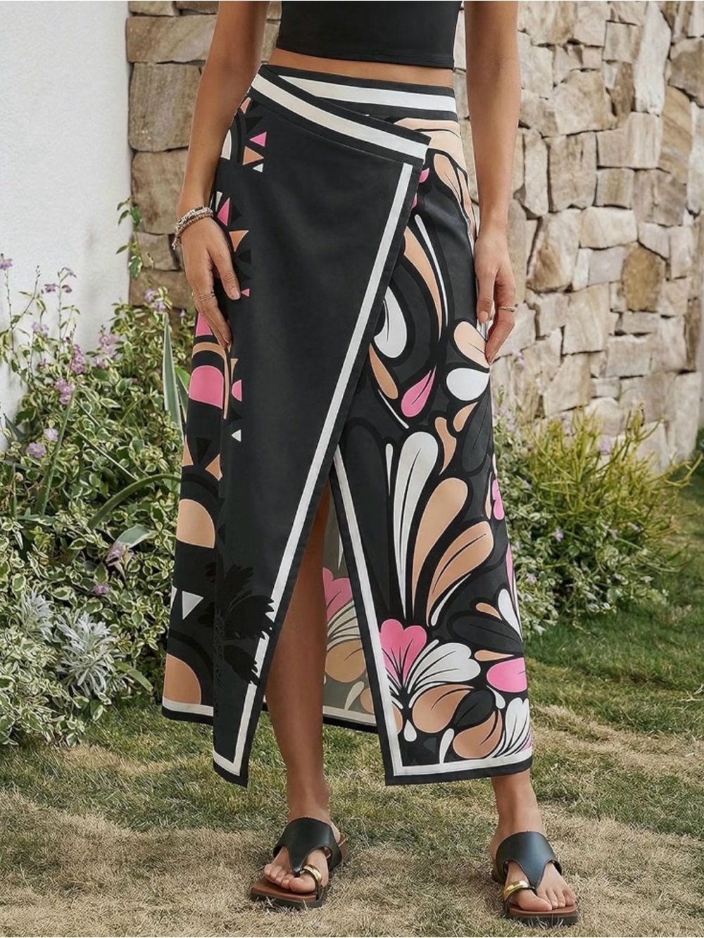 Brand New! Black Floral Wrap Midi Skirt with Front Slit - Picture 5 of 7